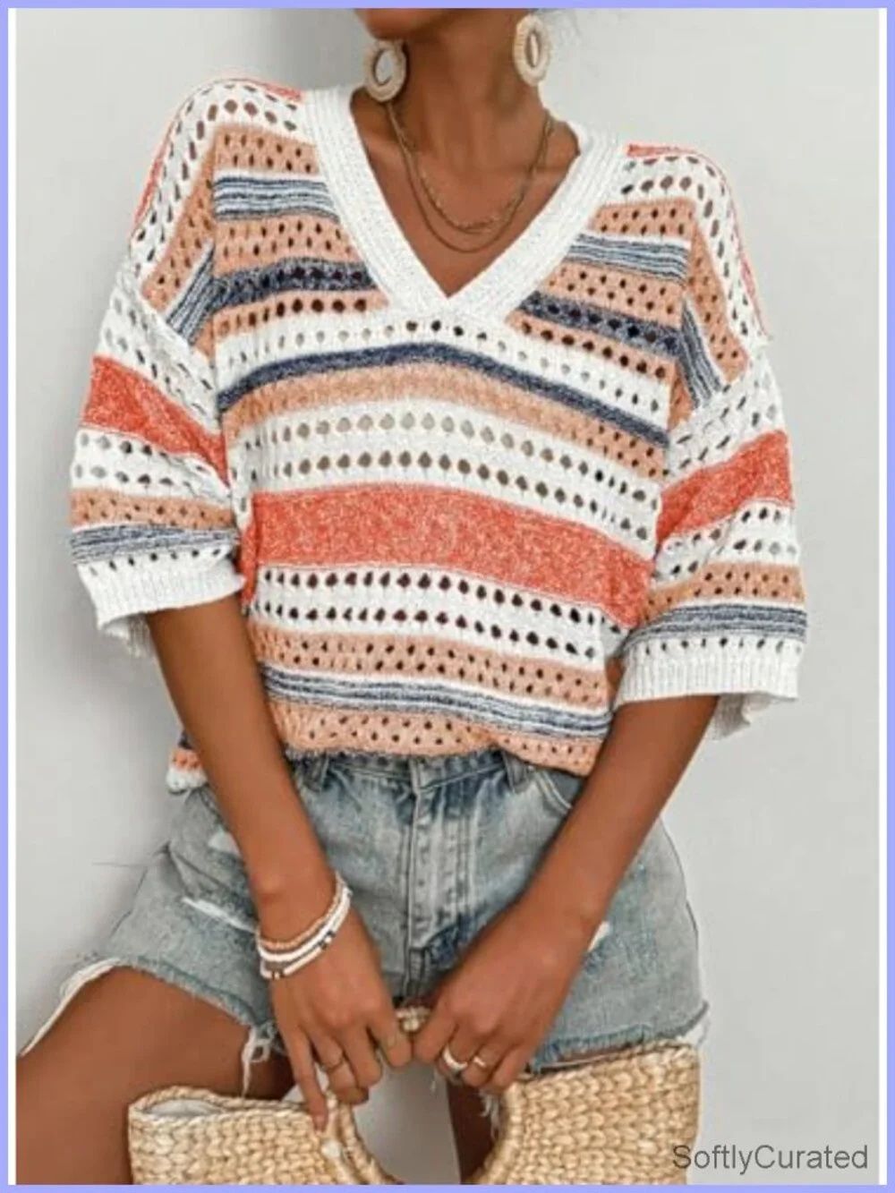 Boho Striped Crochet Knit Top V Neck 3/4 Sleeve Hollow Out Oversized Sweater